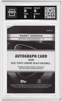 Randy Johnson from the 2025 Topps Chrome Black set graded by Arena Club and given an overall grade of 9.5.