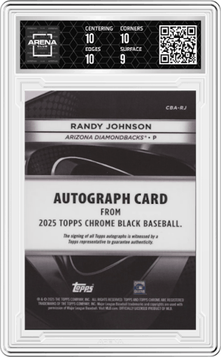 Randy Johnson from the 2025 Topps Chrome Black set graded by Arena Club and given an overall grade of 9.5.
