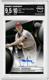 Randy Johnson from the 2025 Topps Chrome Black set graded by Arena Club and given an overall grade of 9.5.