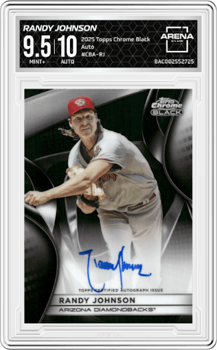 Randy Johnson from the 2025 Topps Chrome Black set graded by Arena Club and given an overall grade of 9.5.