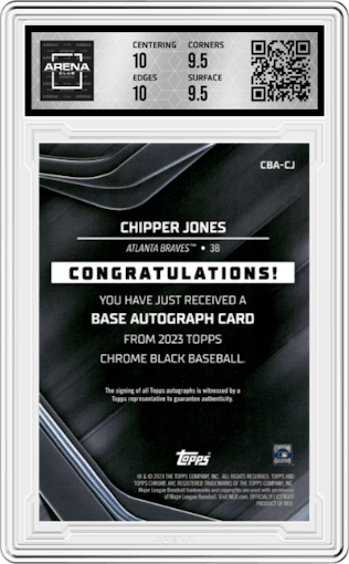 Chipper Jones from the 2023 Topps Chrome Black set graded by Arena Club and given an overall grade of 10.