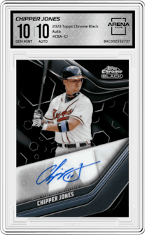 Chipper Jones from the 2023 Topps Chrome Black set graded by Arena Club and given an overall grade of 10.