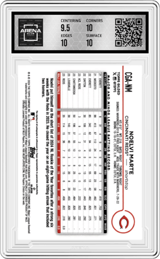 Noelvi Marte from the 2024 Topps Gilded Collection set featuring a Yellow/Gold parallel graded by Arena Club and given an overall grade of 10.