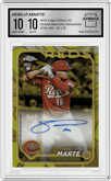 Noelvi Marte from the 2024 Topps Gilded Collection set featuring a Yellow/Gold parallel graded by Arena Club and given an overall grade of 10.