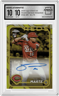 Noelvi Marte from the 2024 Topps Gilded Collection set featuring a Yellow/Gold parallel and given an overall grade of 10.