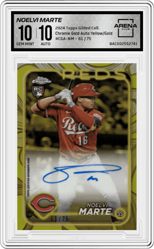 Noelvi Marte from the 2024 Topps Gilded Collection set featuring a Yellow/Gold parallel graded by Arena Club and given an overall grade of 10.