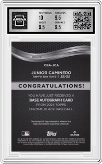 Junior Caminero from the  2024 Topps Chrome Black set featuring a Refractor parallel and given an overall grade of 10.
