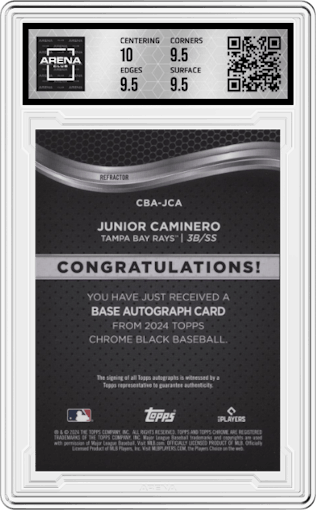 Junior Caminero from the  2024 Topps Chrome Black set featuring a Refractor parallel graded by Arena Club and given an overall grade of 10.