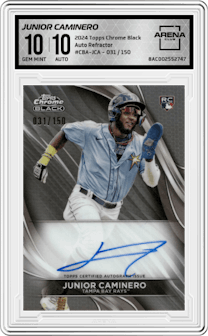 Junior Caminero from the  2024 Topps Chrome Black set featuring a Refractor parallel and given an overall grade of 10.
