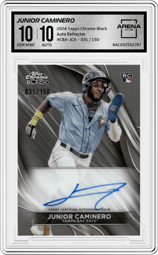 Junior Caminero from the  2024 Topps Chrome Black set featuring a Refractor parallel graded by Arena Club and given an overall grade of 10.