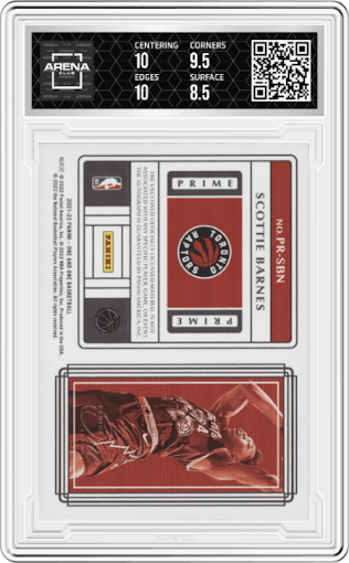 Scottie Barnes from the 2021-22 Panini One and One set graded by Arena Club and given an overall grade of 9.