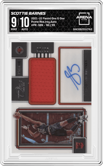 Scottie Barnes from the 2021-22 Panini One and One set graded by Arena Club and given an overall grade of 9.