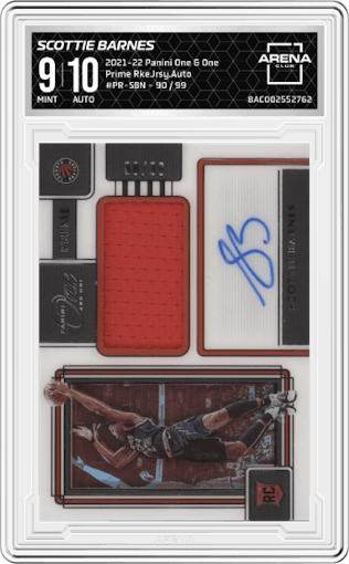 Scottie Barnes from the 2021-22 Panini One and One set graded by Arena Club and given an overall grade of 9.