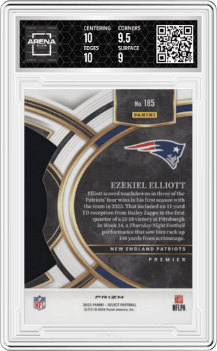 Ezekiel Elliott from the 2023 Panini Select set featuring a Die-Cut Zebra parallel graded by Arena Club and given an overall grade of 9.5.