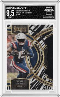 Ezekiel Elliott from the 2023 Panini Select set featuring a Die-Cut Zebra parallel graded by Arena Club and given an overall grade of 9.5.