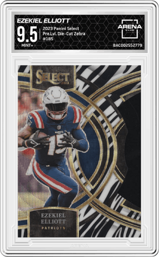 Ezekiel Elliott from the 2023 Panini Select set featuring a Die-Cut Zebra parallel graded by Arena Club and given an overall grade of 9.5.