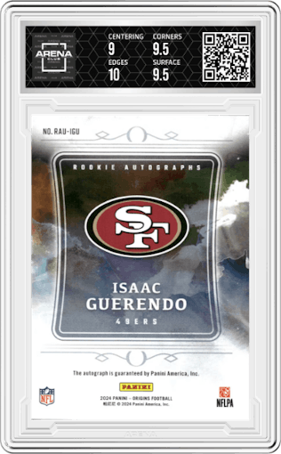 Isaac Guerendo from the 2024 Panini Origins set graded by Arena Club and given an overall grade of 9.5.
