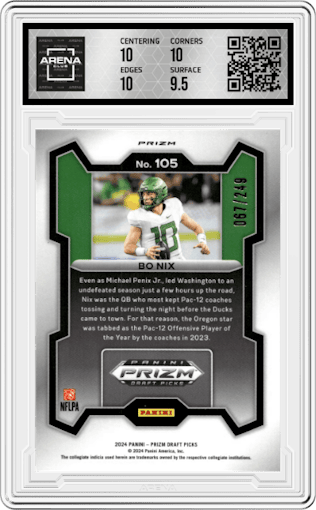 Bo Nix  from the 2024 Panini Prizm Draft Picks set featuring a Blue Wave parallel graded by Arena Club and given an overall grade of 10.