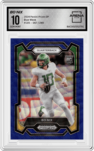 Bo Nix  from the 2024 Panini Prizm Draft Picks set featuring a Blue Wave parallel graded by Arena Club and given an overall grade of 10.