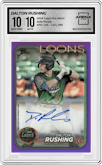 Dalton Rushing from the 2024 Topps Pro Debut set featuring a Purple Foil parallel graded by Arena Club and given an overall grade of 10.