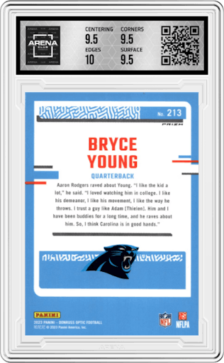 Bryce Young from the 2023 Donruss Optic set featuring a Holo parallel graded by Arena Club and given an overall grade of 10.