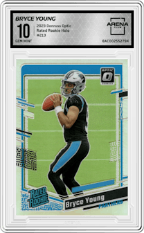 Bryce Young from the 2023 Donruss Optic set featuring a Holo parallel graded by Arena Club and given an overall grade of 10.