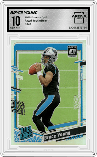 Bryce Young from the 2023 Donruss Optic set featuring a Holo parallel graded by Arena Club and given an overall grade of 10.