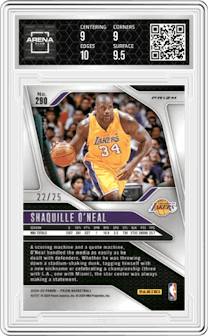 Shaquille O'Neal from the 2024-25 Panini Prizm set featuring a Mojo parallel and given an overall grade of 9.5.