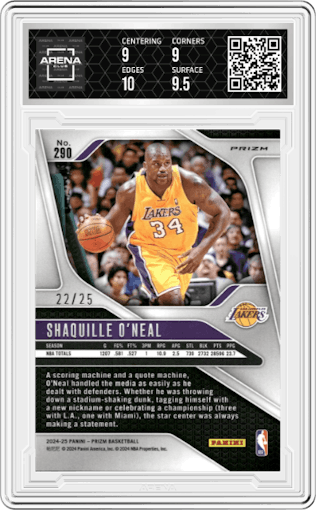 Shaquille O'Neal from the 2024-25 Panini Prizm set featuring a Mojo parallel graded by Arena Club and given an overall grade of 9.5.