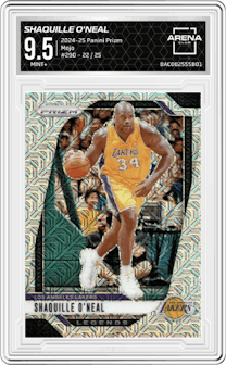 Shaquille O'Neal from the 2024-25 Panini Prizm set featuring a Mojo parallel and given an overall grade of 9.5.
