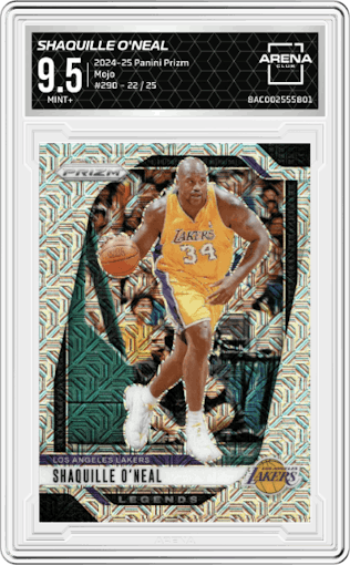 Shaquille O'Neal from the 2024-25 Panini Prizm set featuring a Mojo parallel graded by Arena Club and given an overall grade of 9.5.