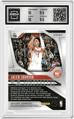 Jalen Johnson from the 2024-25 Panini Prizm set featuring a Jade Dragon Scale parallel graded by Arena Club and given an overall grade of 10.