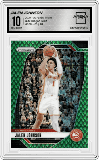 Jalen Johnson from the 2024-25 Panini Prizm set featuring a Jade Dragon Scale parallel graded by Arena Club and given an overall grade of 10.