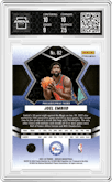 Joel Embiid from the 2021-22 Panini Mosaic  set featuring a Choice Peacock parallel graded by Arena Club and given an overall grade of 8.