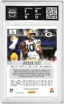 Jordan Love from the 2024 Panini Prizm Deca set featuring a Orange Prizm parallel graded by Arena Club and given an overall grade of 8.