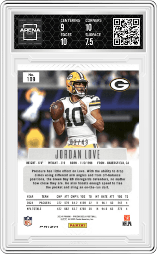 Jordan Love from the 2024 Panini Prizm Deca set featuring a Orange Prizm parallel graded by Arena Club and given an overall grade of 8.