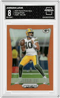 Jordan Love from the 2024 Panini Prizm Deca set featuring a Orange Prizm parallel graded by Arena Club and given an overall grade of 8.