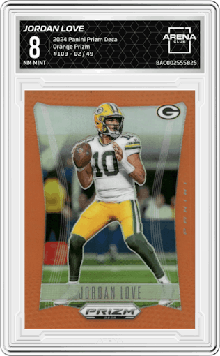 Jordan Love from the 2024 Panini Prizm Deca set featuring a Orange Prizm parallel graded by Arena Club and given an overall grade of 8.