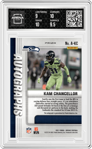 Kam Chancellor from the 2021 Panini Mosaic set graded by Arena Club and given an overall grade of 9.5.