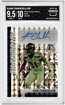 Kam Chancellor from the 2021 Panini Mosaic set graded by Arena Club and given an overall grade of 9.5.