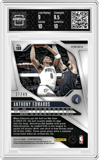 Anthony Edwards from the 2024-25 Panini Prizm set featuring a Choice Blue parallel graded by Arena Club and given an overall grade of 9.5.