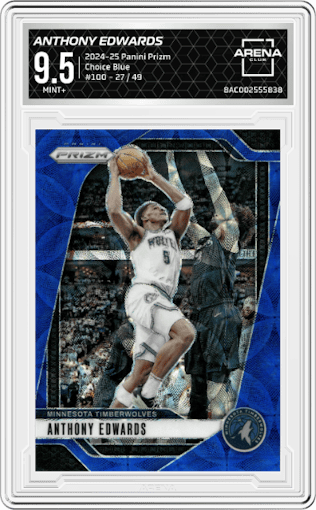 Anthony Edwards from the 2024-25 Panini Prizm set featuring a Choice Blue parallel graded by Arena Club and given an overall grade of 9.5.