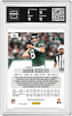 Aaron Rodgers from the 2024 Panini Prizm Deca set featuring a Green Shimmer  Prizm FOTL parallel graded by Arena Club and given an overall grade of 9.5.