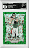 Aaron Rodgers from the 2024 Panini Prizm Deca set featuring a Green Shimmer  Prizm FOTL parallel graded by Arena Club and given an overall grade of 9.5.