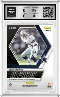 Deion Sanders from the 2024 Panini Mosaic set featuring a Choice Fusion Red and Yellow parallel and given an overall grade of 10.