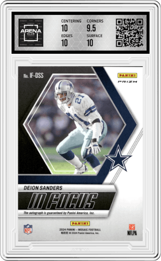 Deion Sanders from the 2024 Panini Mosaic set featuring a Choice Fusion Red and Yellow parallel graded by Arena Club and given an overall grade of 10.