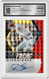 Deion Sanders from the 2024 Panini Mosaic set featuring a Choice Fusion Red and Yellow parallel and given an overall grade of 10.