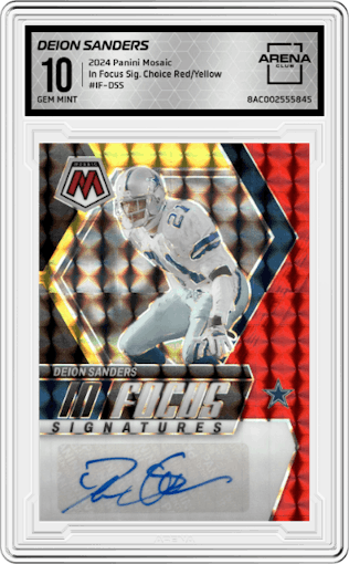 Deion Sanders from the 2024 Panini Mosaic set featuring a Choice Fusion Red and Yellow parallel graded by Arena Club and given an overall grade of 10.