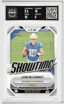 Ladd McConkey from the 2024 Panini Mosaic set featuring a Red parallel and given an overall grade of 9.5.