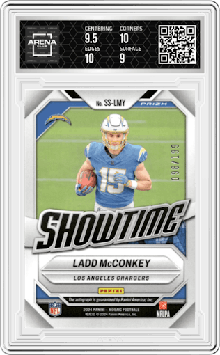 Ladd McConkey from the 2024 Panini Mosaic set featuring a Red parallel graded by Arena Club and given an overall grade of 9.5.